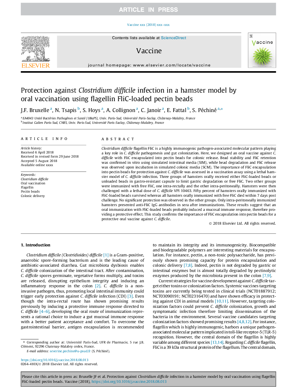 Protection against Clostridium difficile infection in a hamster model by oral vaccination using flagellin FliC-loaded pectin beads