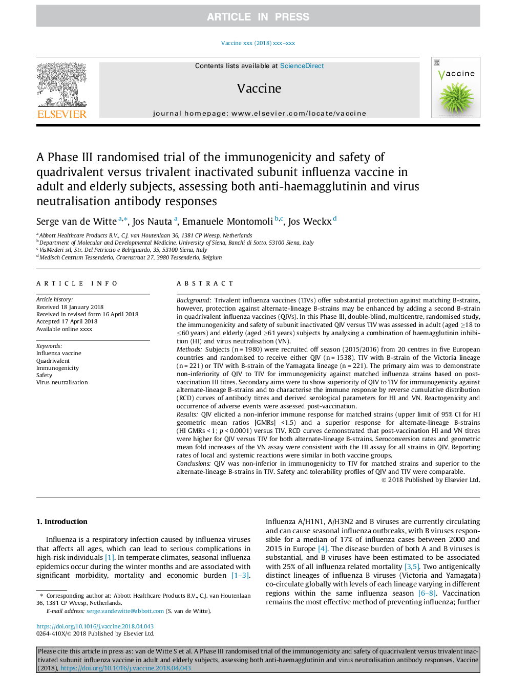 A Phase III randomised trial of the immunogenicity and safety of quadrivalent versus trivalent inactivated subunit influenza vaccine in adult and elderly subjects, assessing both anti-haemagglutinin and virus neutralisation antibody responses