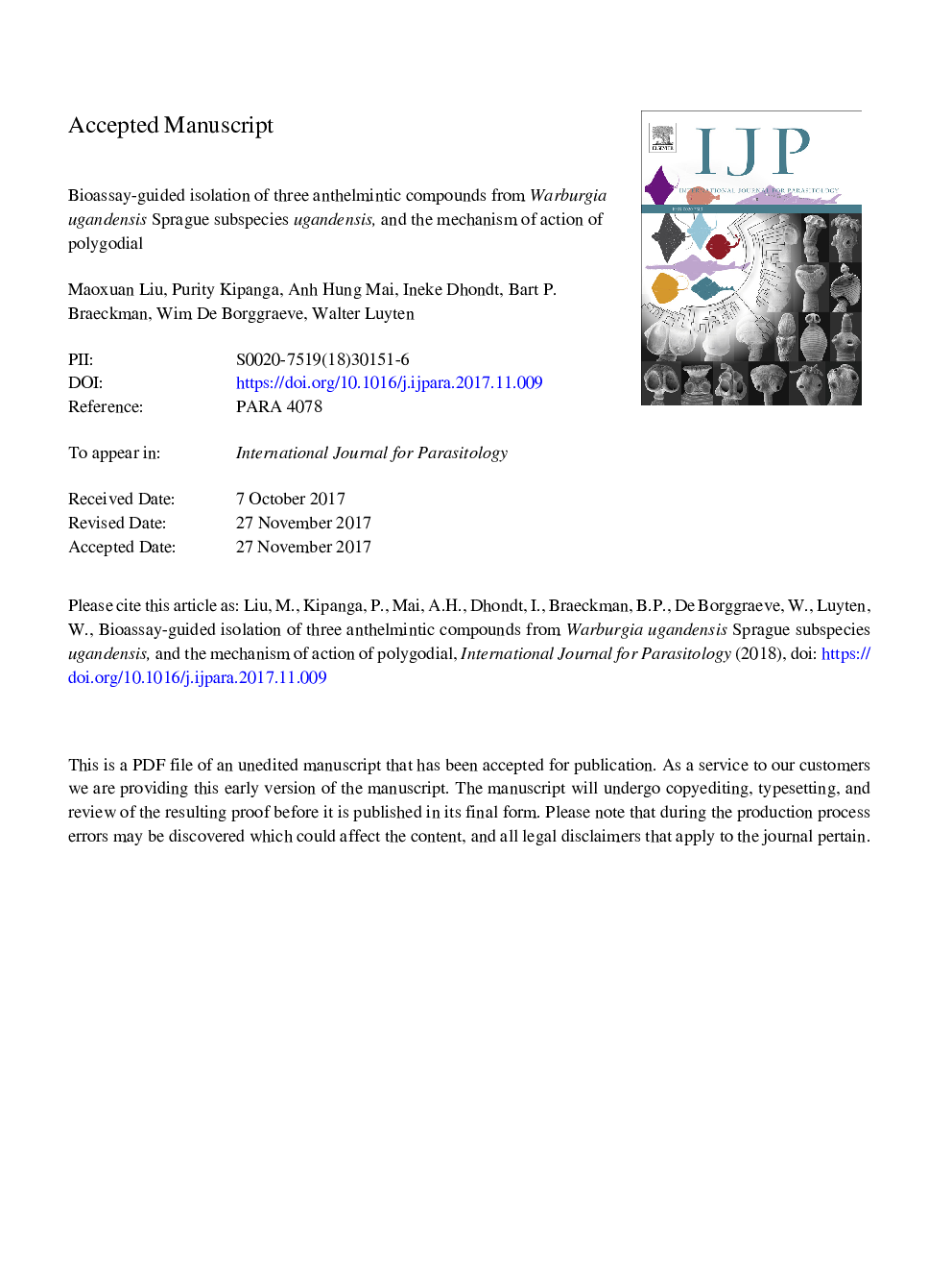 Bioassay-guided isolation of three anthelmintic compounds from Warburgia ugandensis Sprague subspecies ugandensis, and the mechanism of action of polygodial