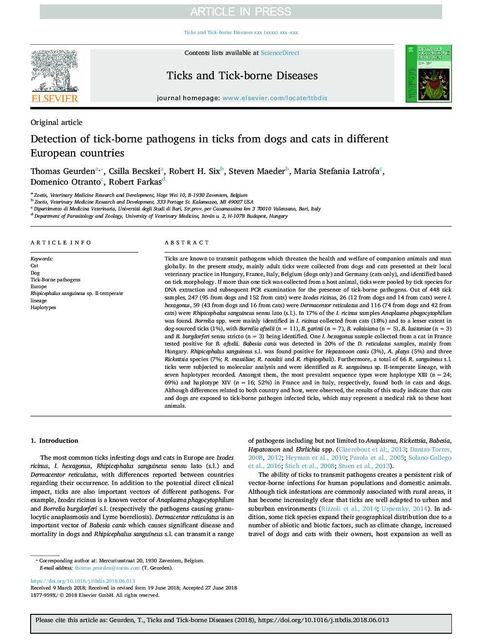 Detection of tick-borne pathogens in ticks from dogs and cats in different European countries