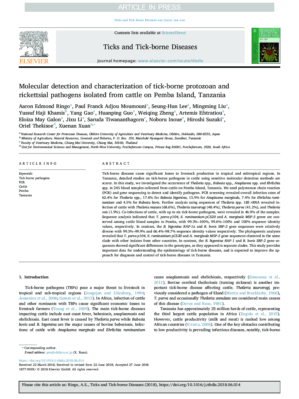 Molecular detection and characterization of tick-borne protozoan and rickettsial pathogens isolated from cattle on Pemba Island, Tanzania