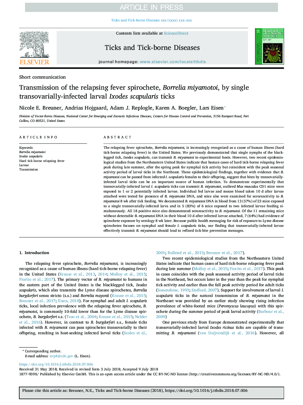 Transmission of the relapsing fever spirochete, Borrelia miyamotoi, by single transovarially-infected larval Ixodes scapularis ticks