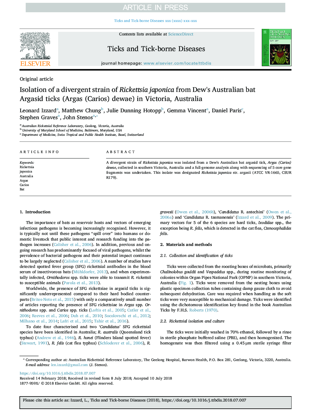 Isolation of a divergent strain of Rickettsia japonica from Dew's Australian bat Argasid ticks (Argas (Carios) dewae) in Victoria, Australia