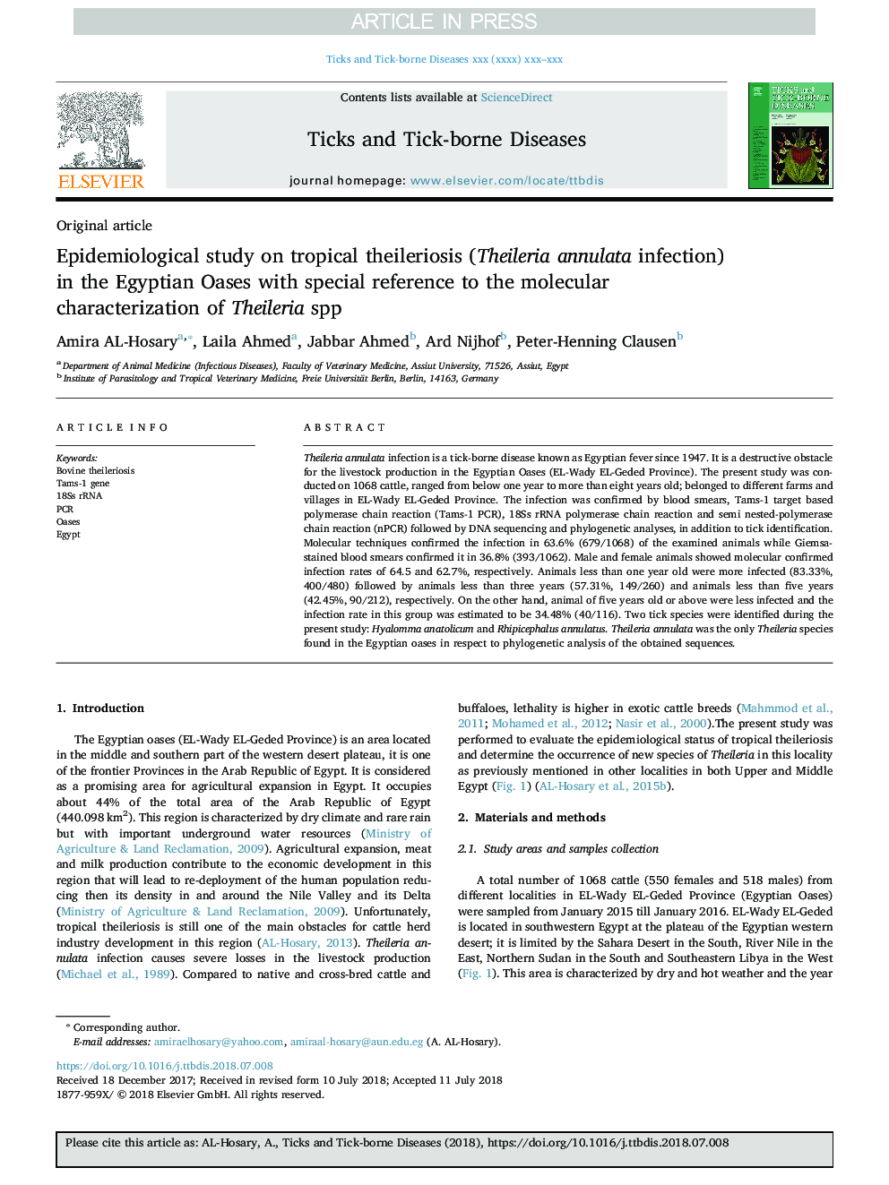Epidemiological study on tropical theileriosis (Theileria annulata infection) in the Egyptian Oases with special reference to the molecular characterization of Theileria spp