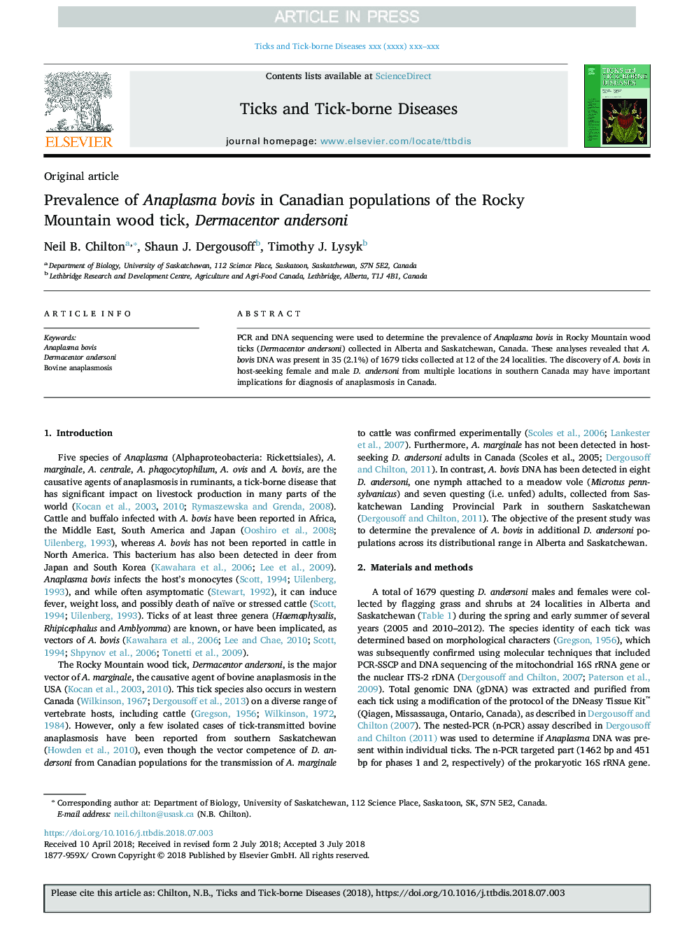 Prevalence of Anaplasma bovis in Canadian populations of the Rocky Mountain wood tick, Dermacentor andersoni