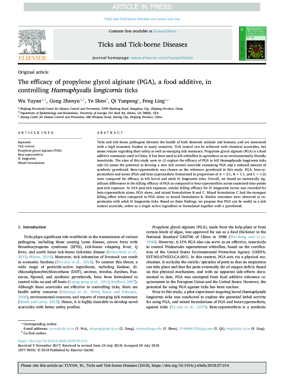 The efficacy of propylene glycol alginate (PGA), a food additive, in controlling Haemaphysalis longicornis ticks