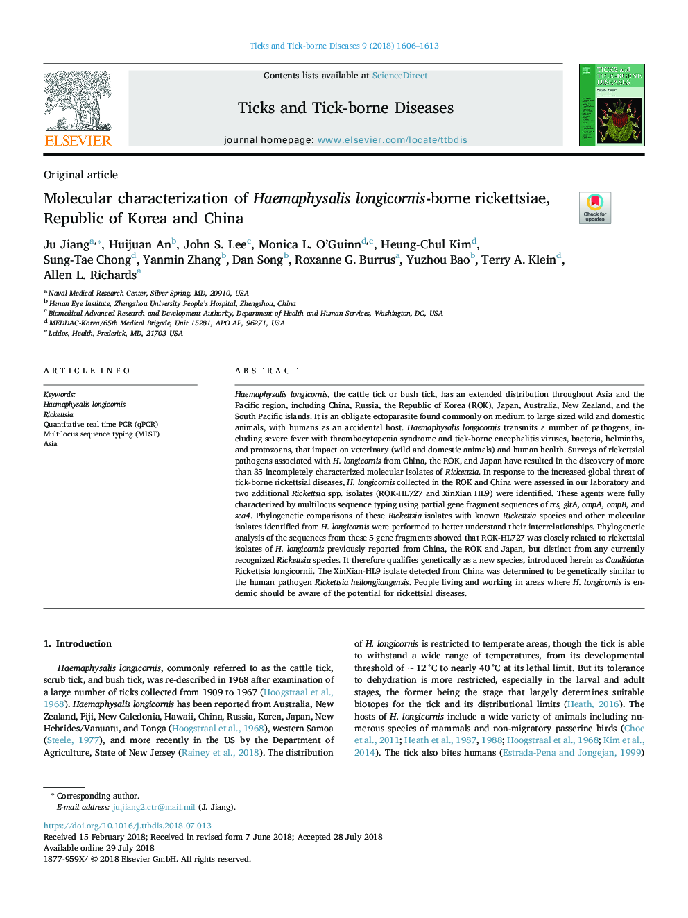 Molecular characterization of Haemaphysalis longicornis-borne rickettsiae, Republic of Korea and China