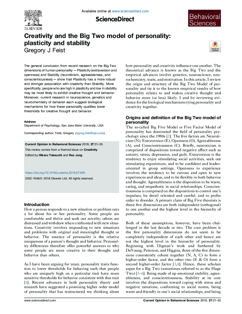 Creativity and the Big Two model of personality: plasticity and stability