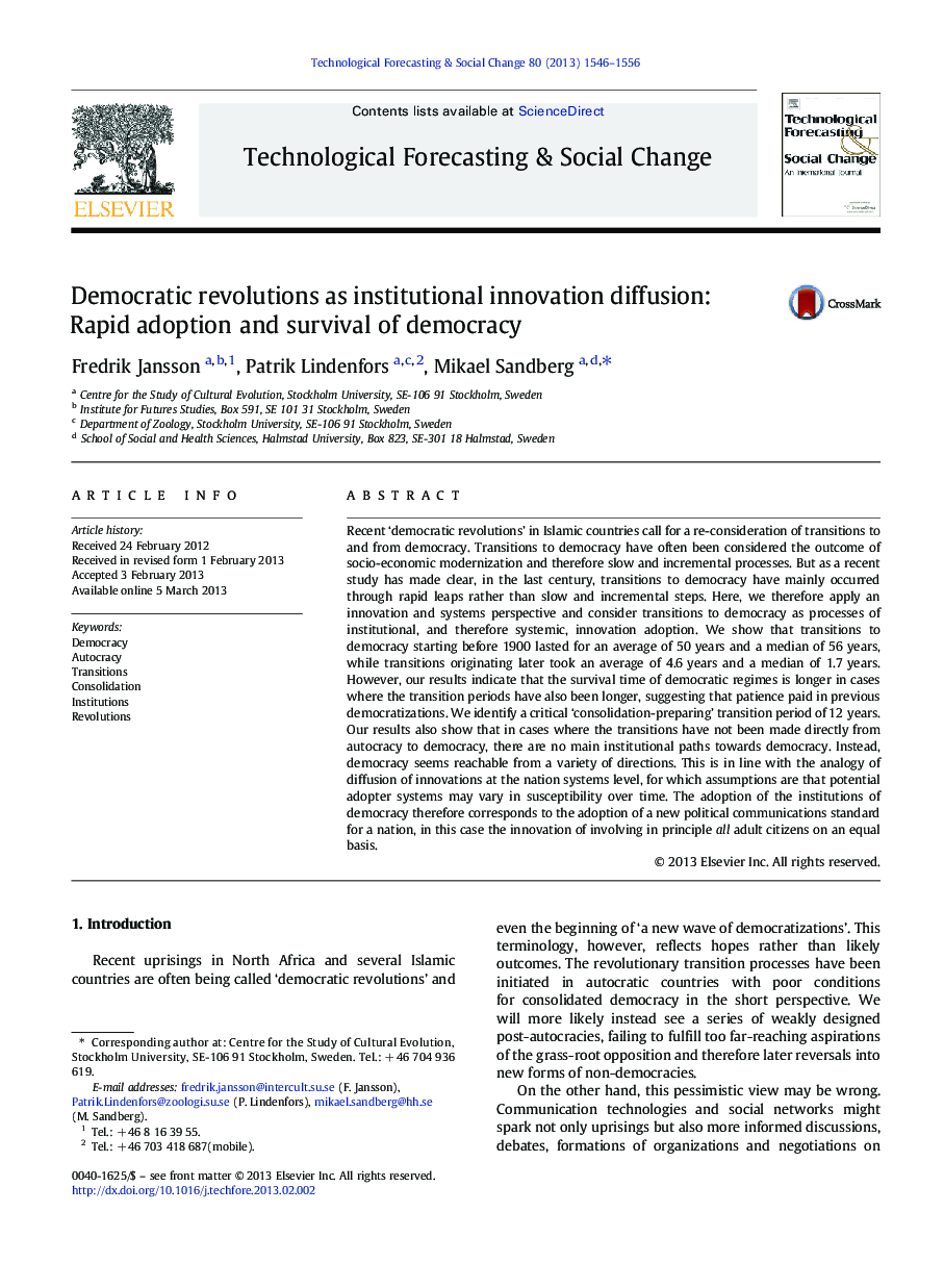 Democratic revolutions as institutional innovation diffusion: Rapid adoption and survival of democracy