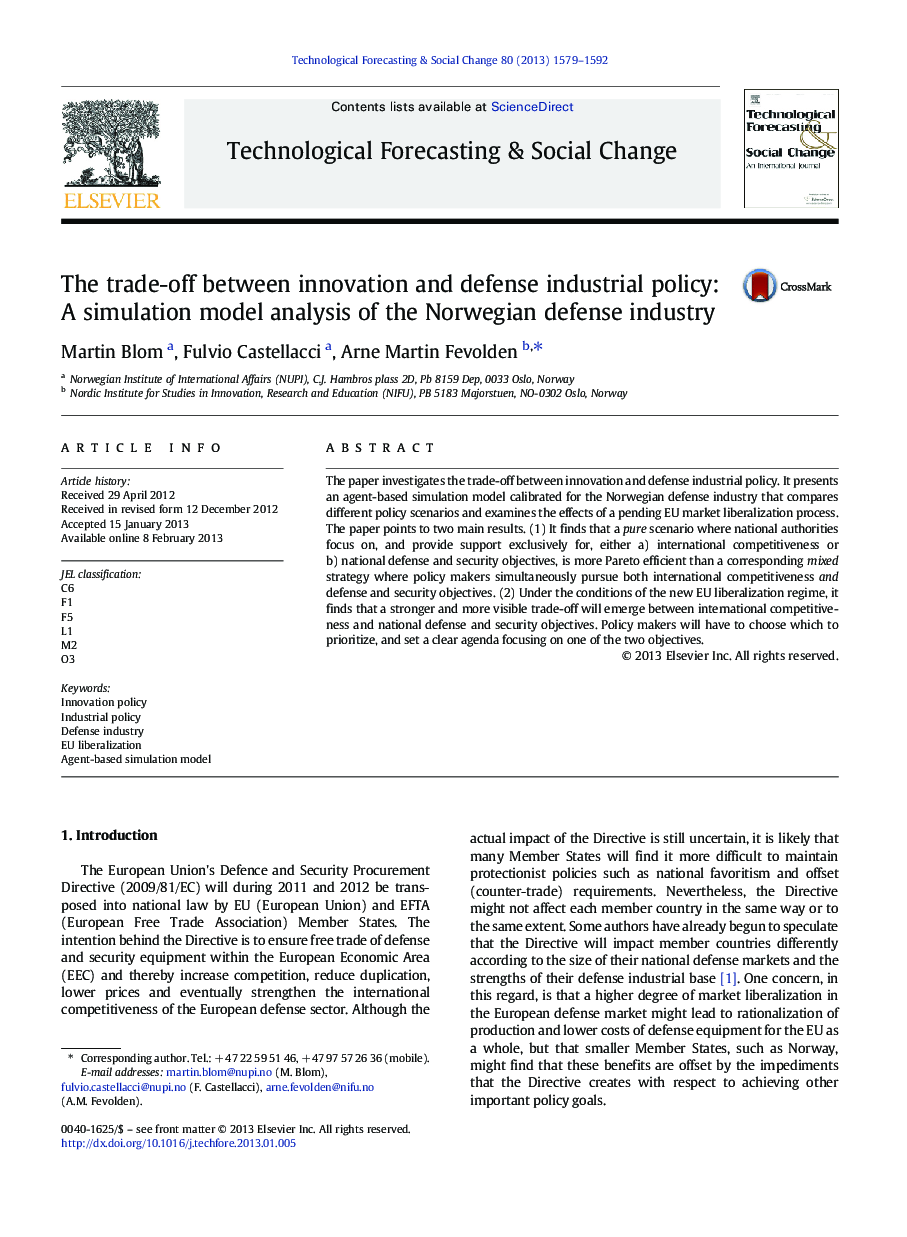 The trade-off between innovation and defense industrial policy: A simulation model analysis of the Norwegian defense industry