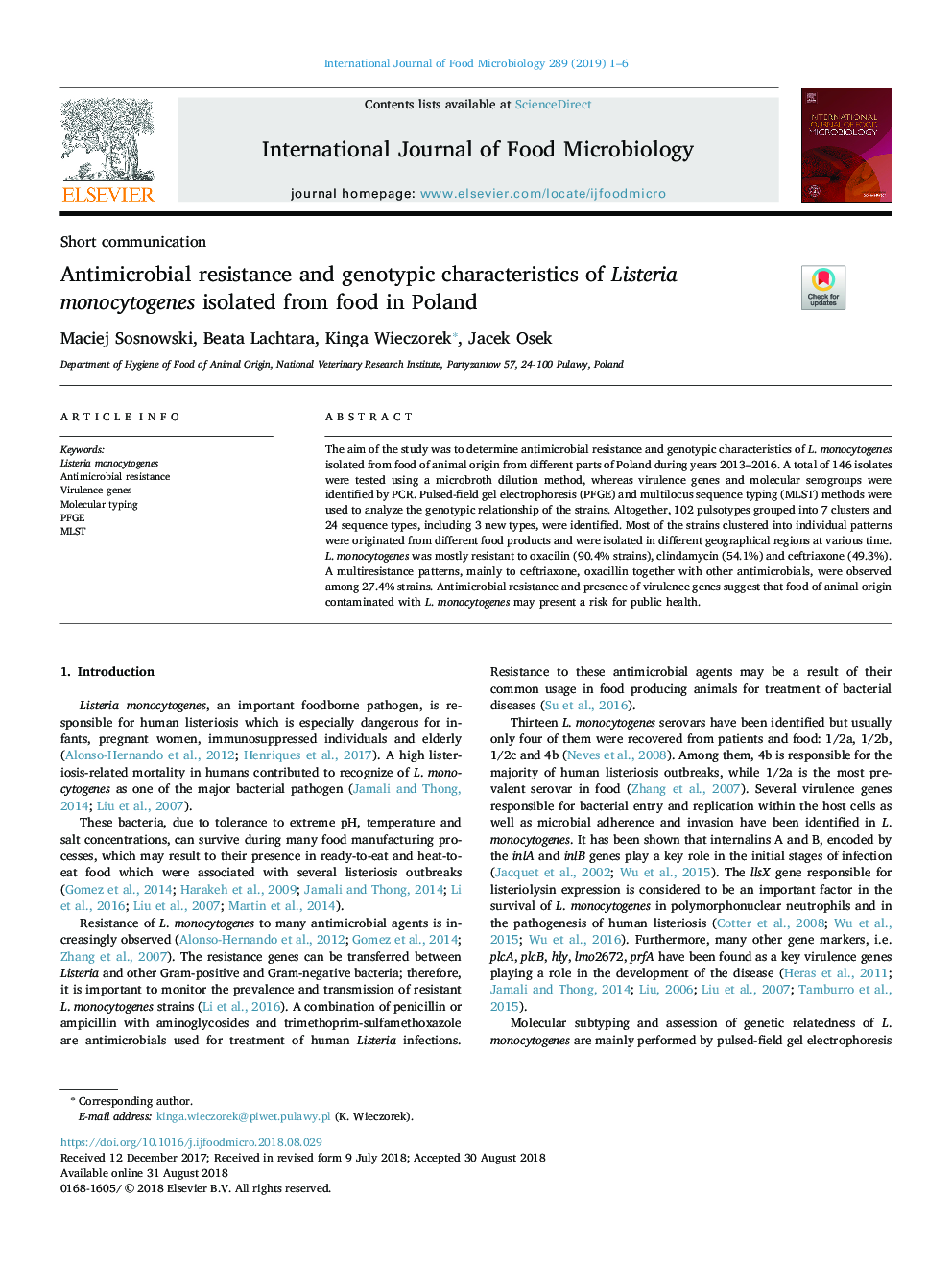 Antimicrobial resistance and genotypic characteristics of Listeria monocytogenes isolated from food in Poland