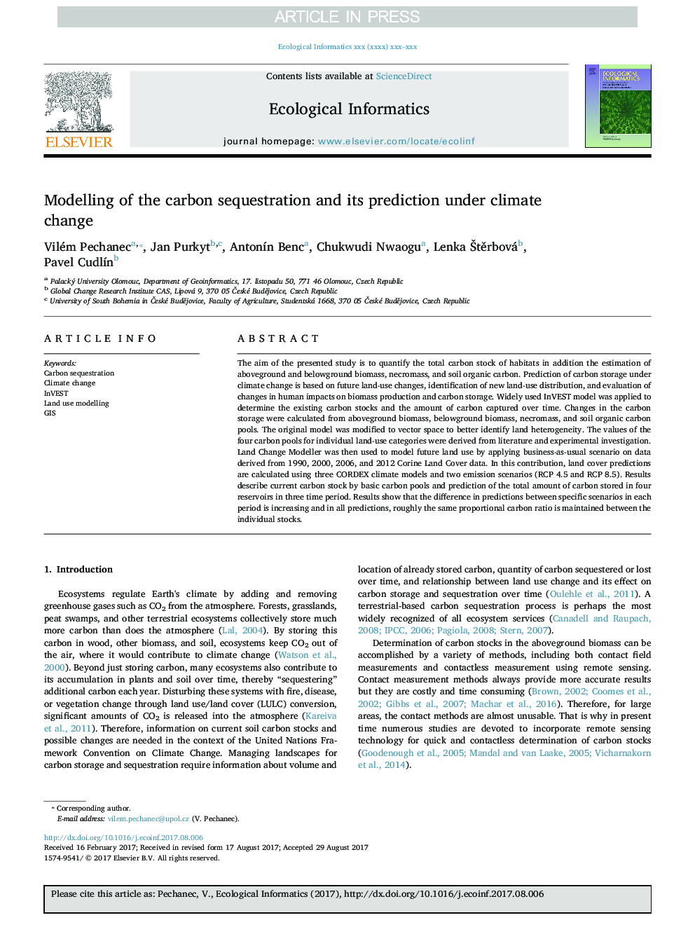 Modelling of the carbon sequestration and its prediction under climate change