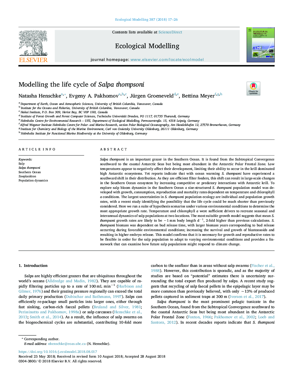 Modelling the life cycle of Salpa thompsoni