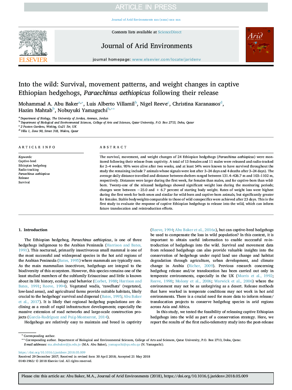 Into the wild: Survival, movement patterns, and weight changes in captive Ethiopian hedgehogs, Paraechinus aethiopicus following their release