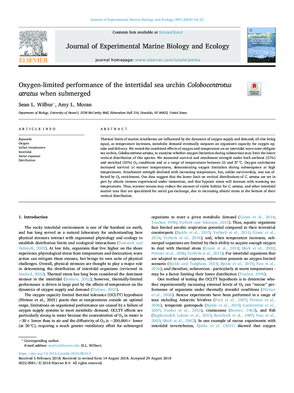 Oxygen-limited performance of the intertidal sea urchin Colobocentrotus atratus when submerged