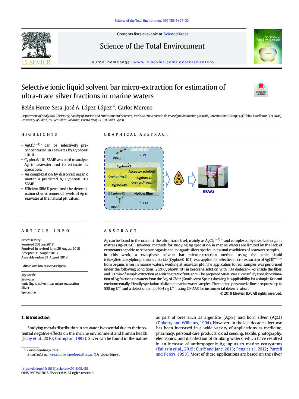 Selective ionic liquid solvent bar micro-extraction for estimation of ultra-trace silver fractions in marine waters