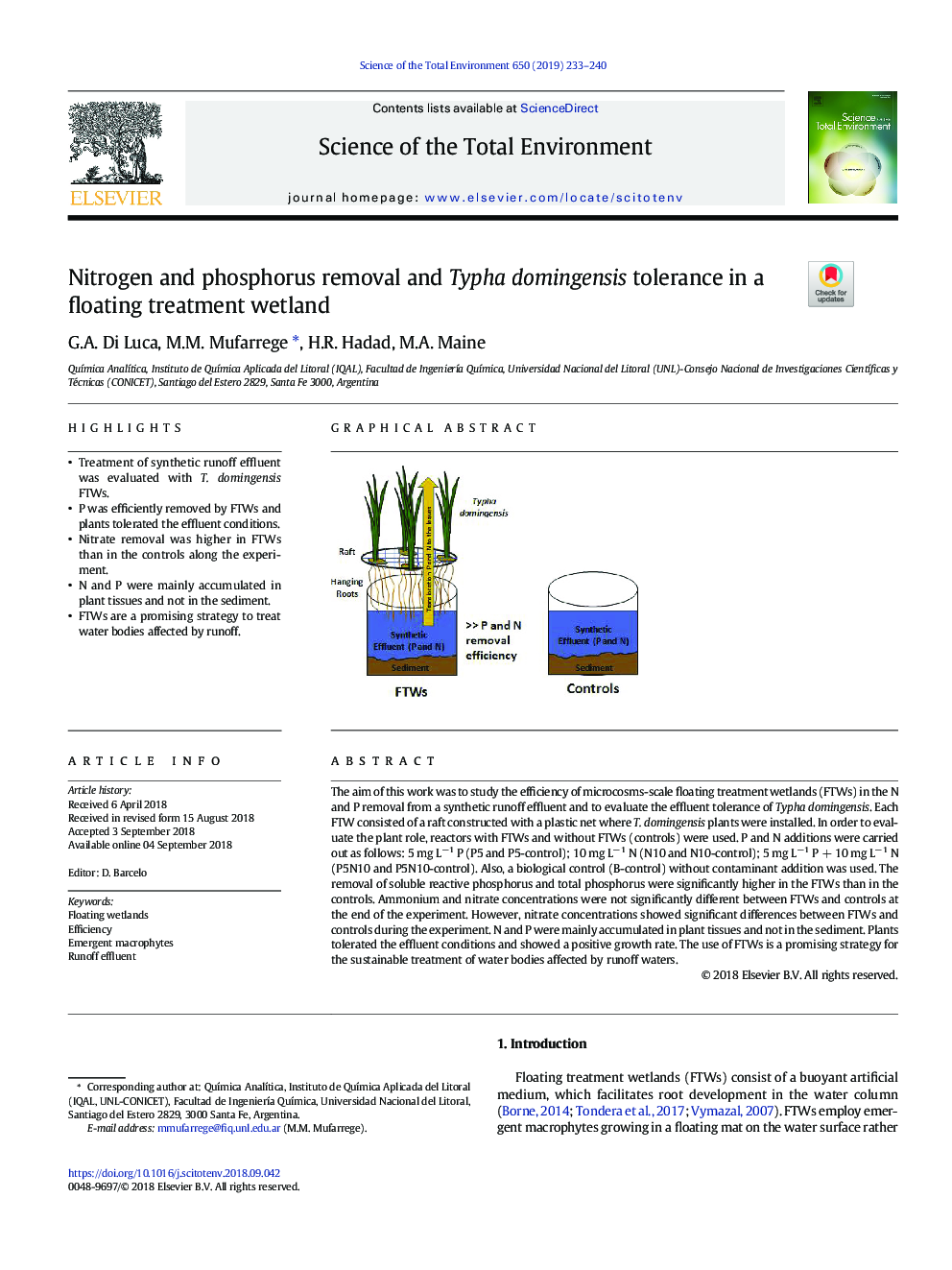 Nitrogen and phosphorus removal and Typha domingensis tolerance in a floating treatment wetland