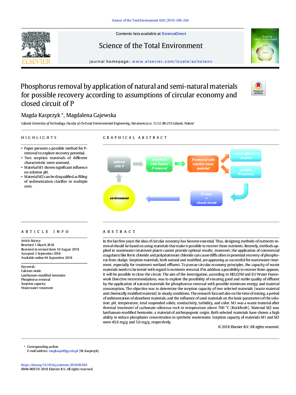 Phosphorus removal by application of natural and semi-natural materials for possible recovery according to assumptions of circular economy and closed circuit of P