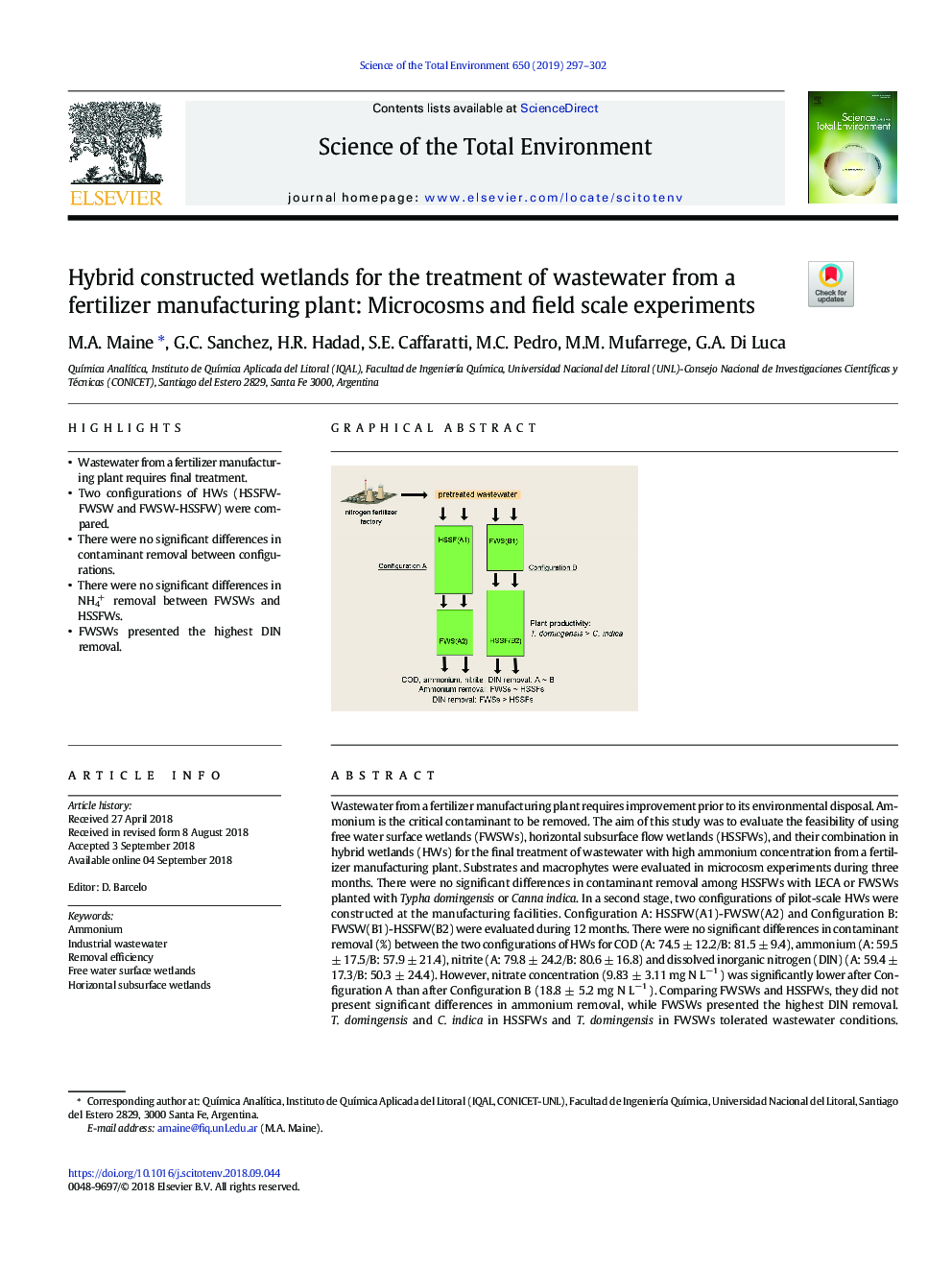 Hybrid constructed wetlands for the treatment of wastewater from a fertilizer manufacturing plant: Microcosms and field scale experiments