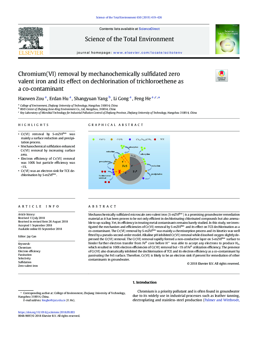 Chromium(VI) removal by mechanochemically sulfidated zero valent iron and its effect on dechlorination of trichloroethene as a co-contaminant