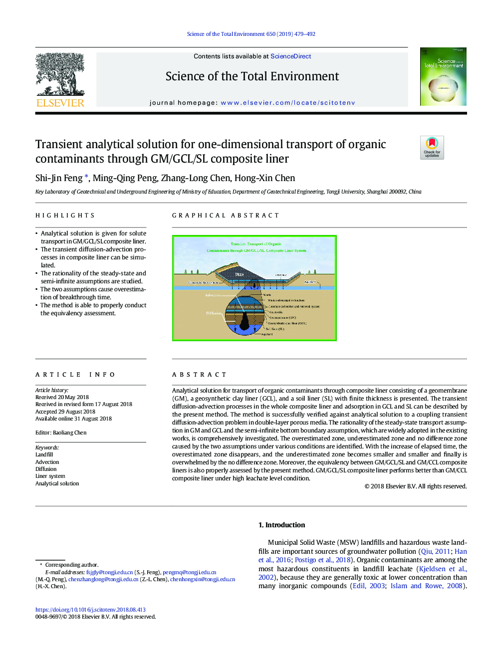 Transient analytical solution for one-dimensional transport of organic contaminants through GM/GCL/SL composite liner