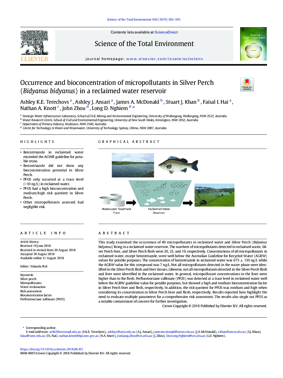 Occurrence and bioconcentration of micropollutants in Silver Perch (Bidyanus bidyanus) in a reclaimed water reservoir