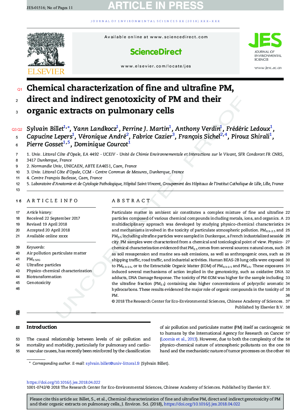 Chemical characterization of fine and ultrafine PM, direct and indirect genotoxicity of PM and their organic extracts on pulmonary cells