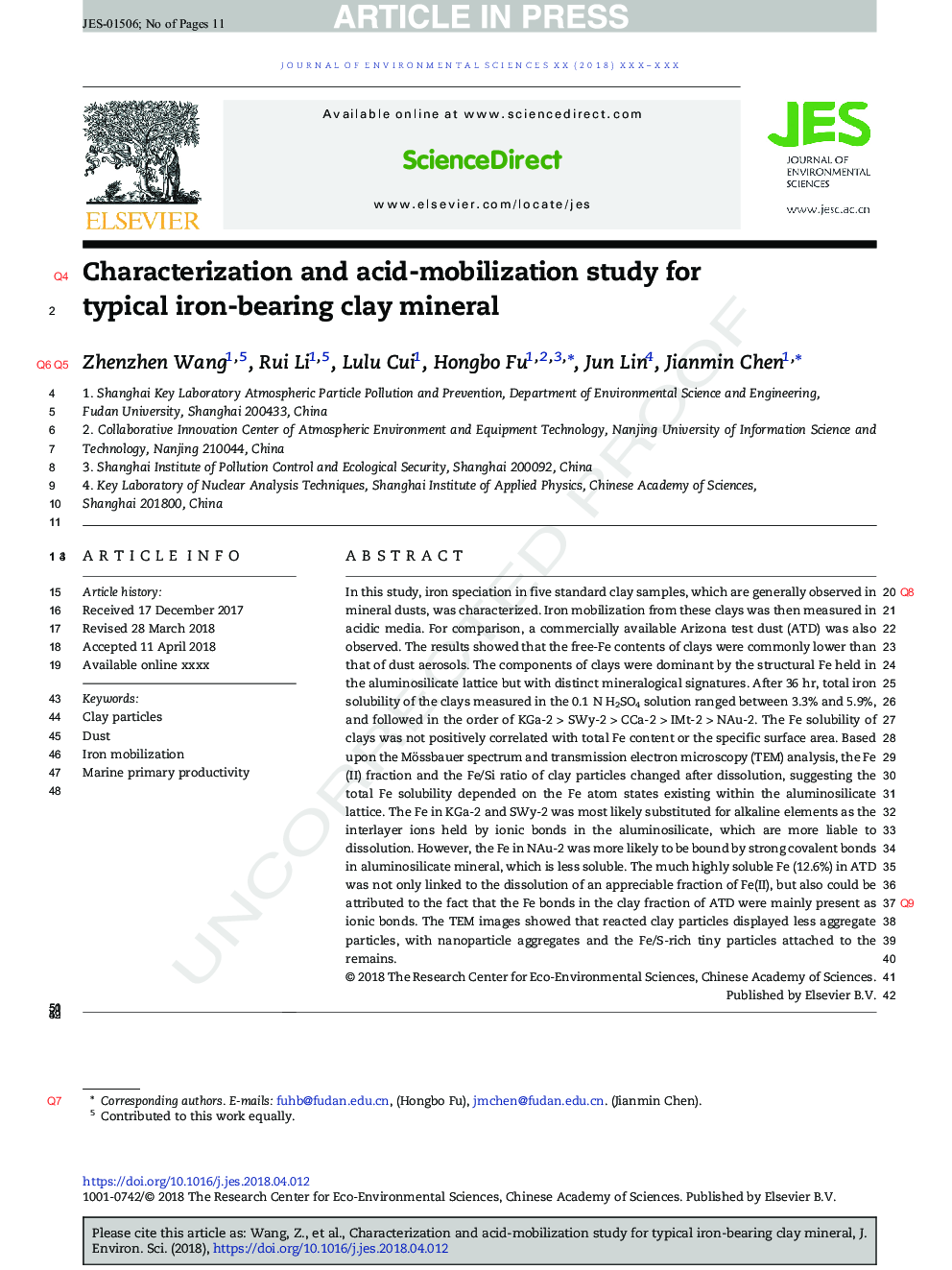 Characterization and acid-mobilization study for typical iron-bearing clay mineral