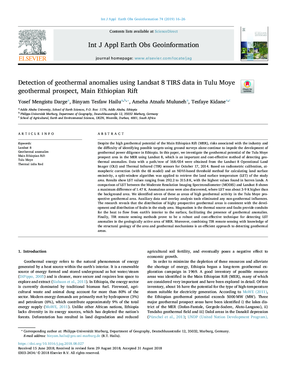 Detection of geothermal anomalies using Landsat 8 TIRS data in Tulu Moye geothermal prospect, Main Ethiopian Rift