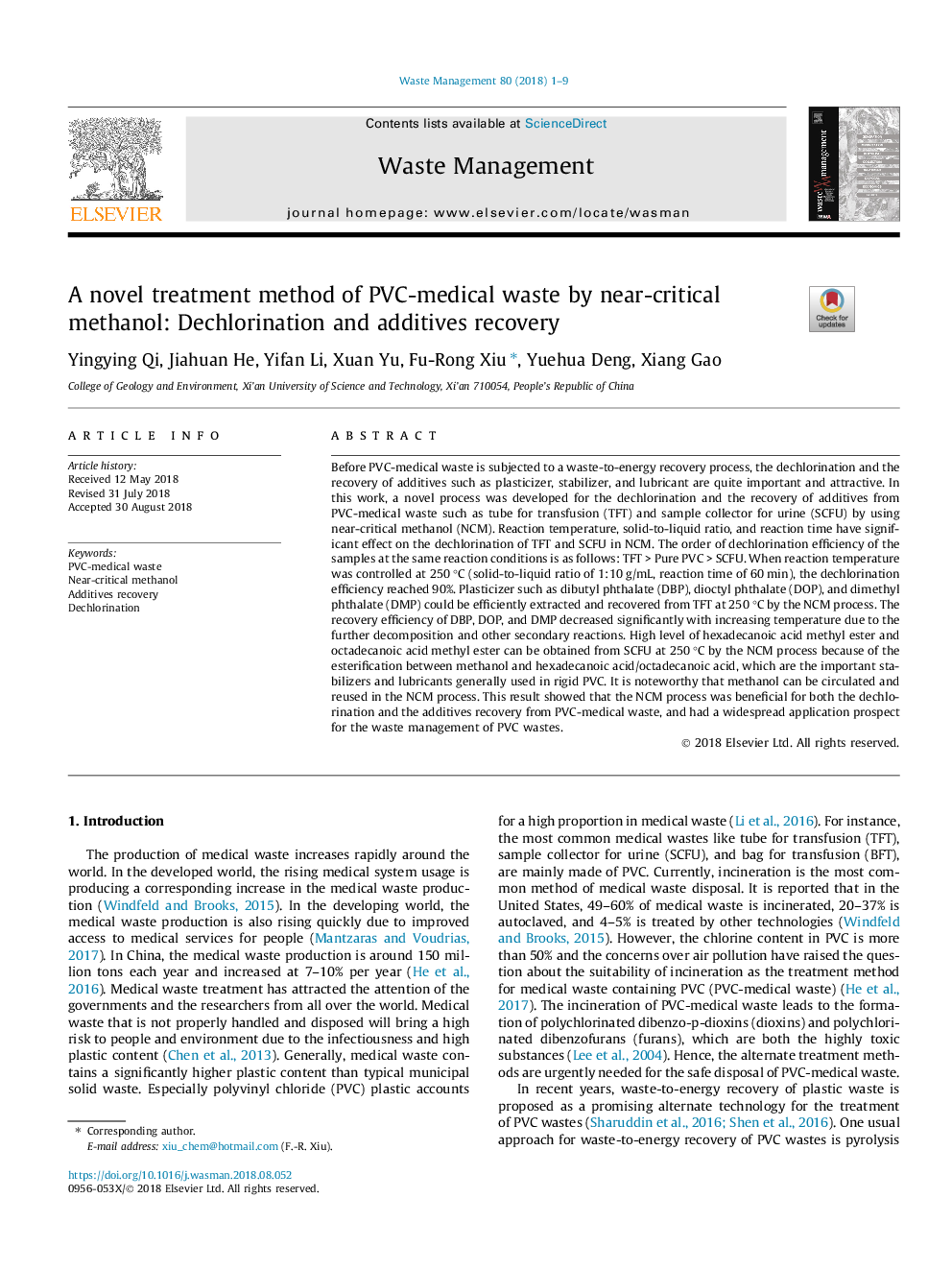 A novel treatment method of PVC-medical waste by near-critical methanol: Dechlorination and additives recovery