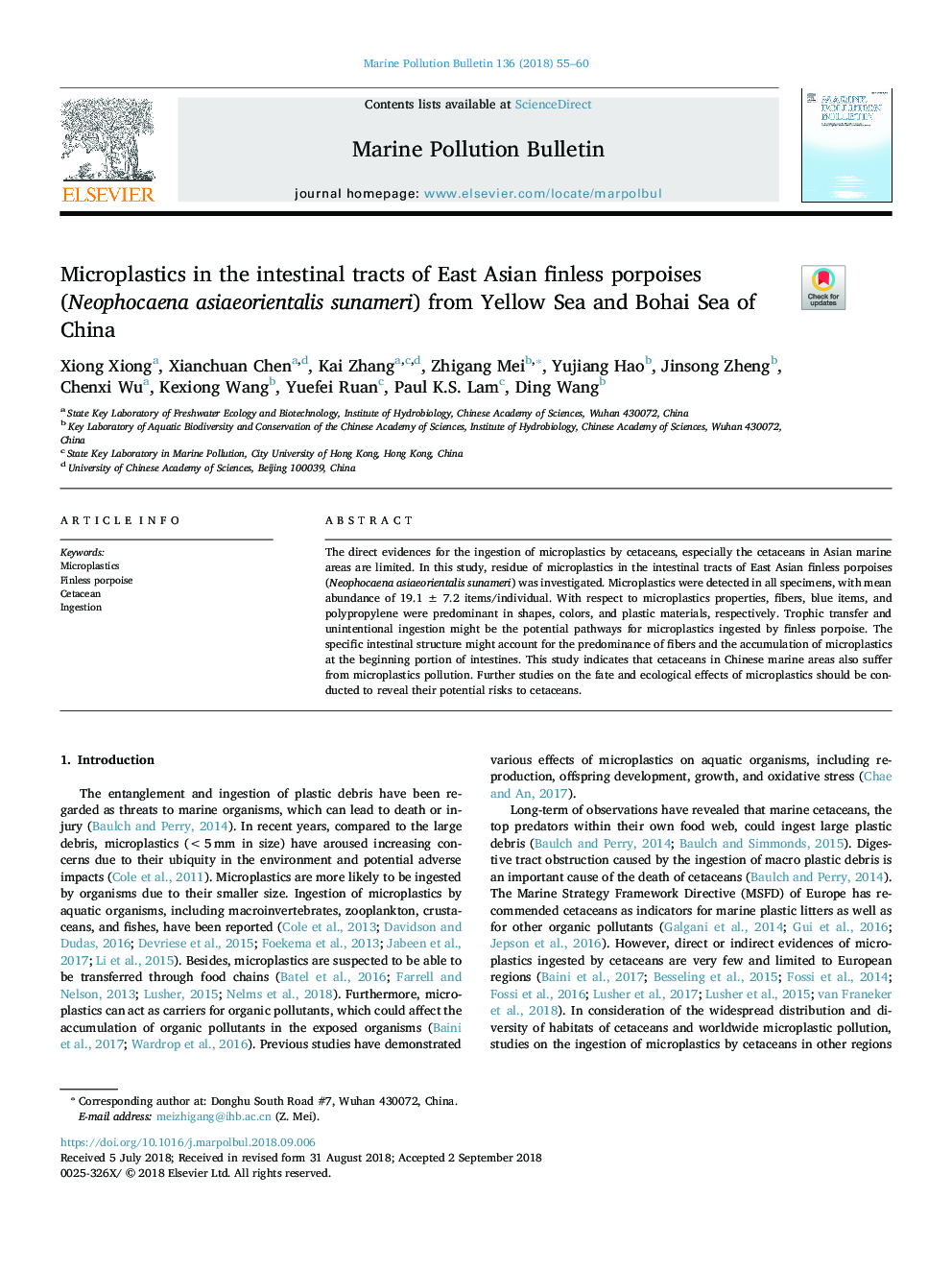 Microplastics in the intestinal tracts of East Asian finless porpoises (Neophocaena asiaeorientalis sunameri) from Yellow Sea and Bohai Sea of China