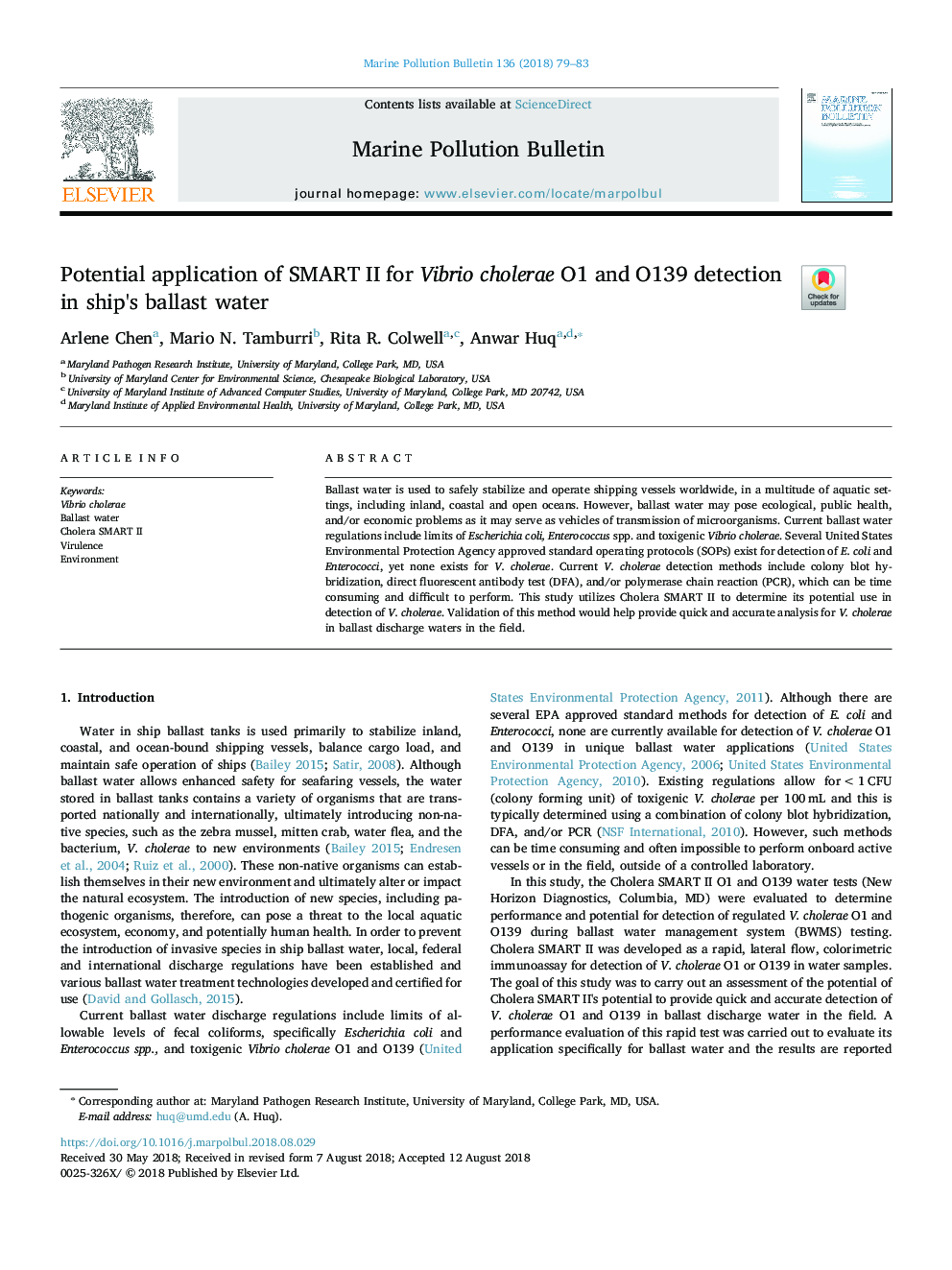 Potential application of SMART II for Vibrio cholerae O1 and O139 detection in ship's ballast water