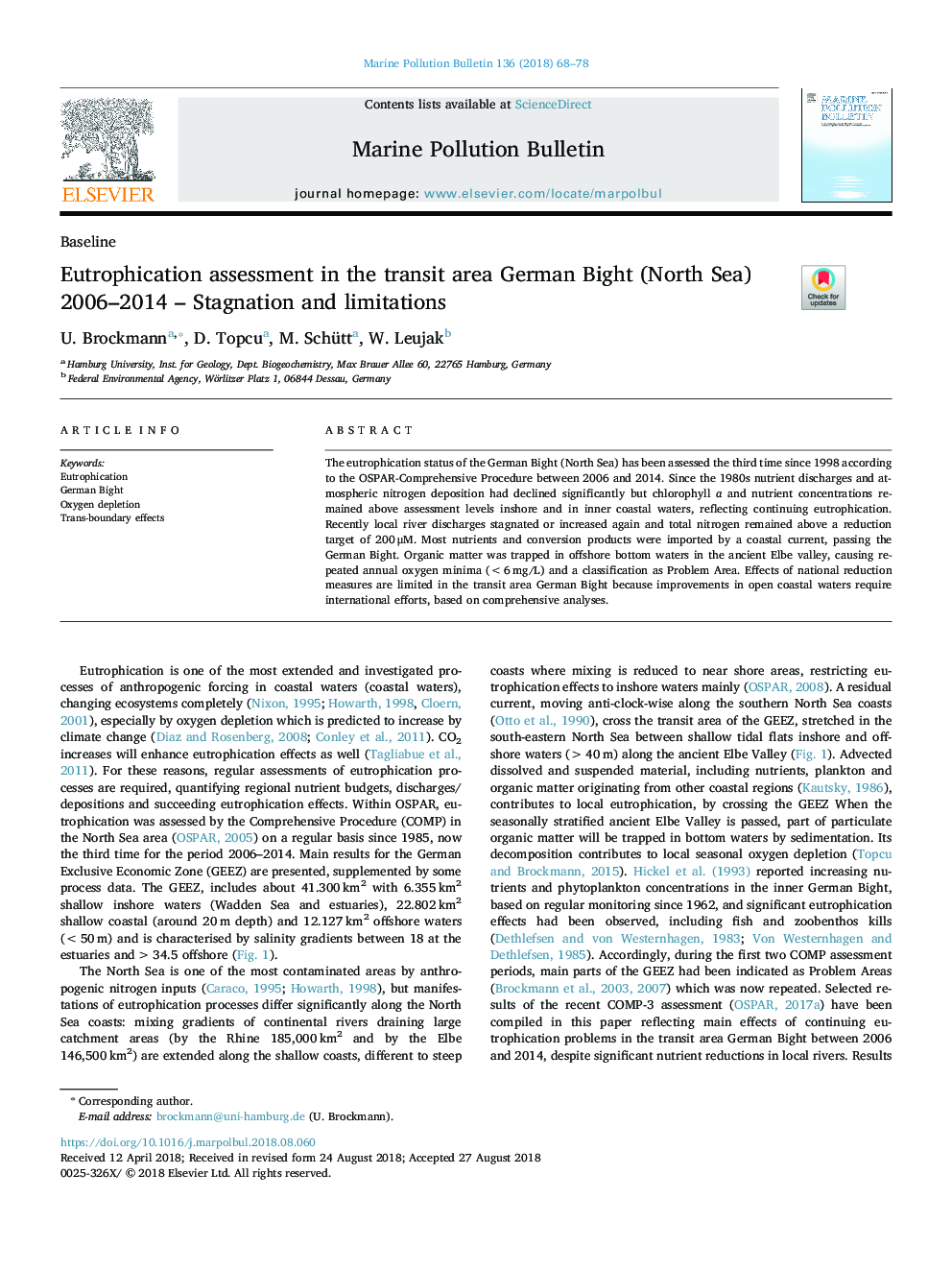 Eutrophication assessment in the transit area German Bight (North Sea) 2006-2014 - Stagnation and limitations