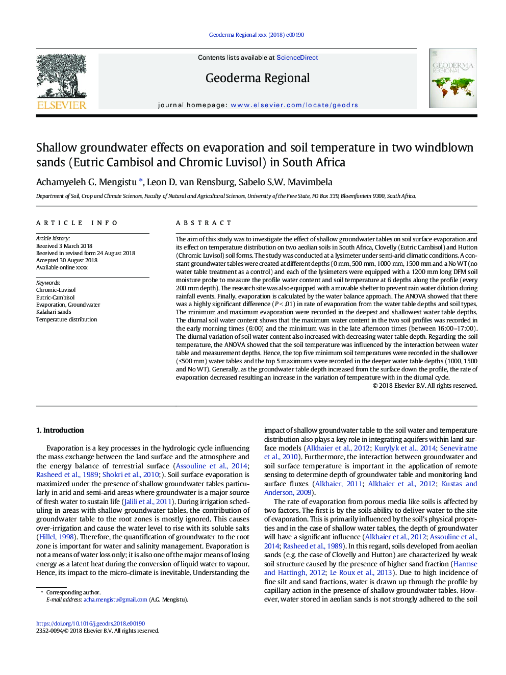 Shallow groundwater effects on evaporation and soil temperature in two windblown sands (Eutric Cambisol and Chromic Luvisol) in South Africa