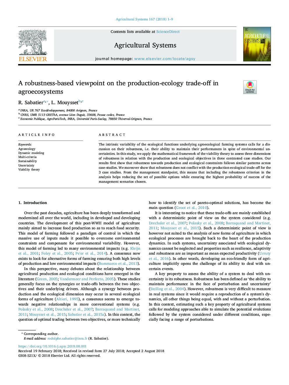 A robustness-based viewpoint on the production-ecology trade-off in agroecosystems