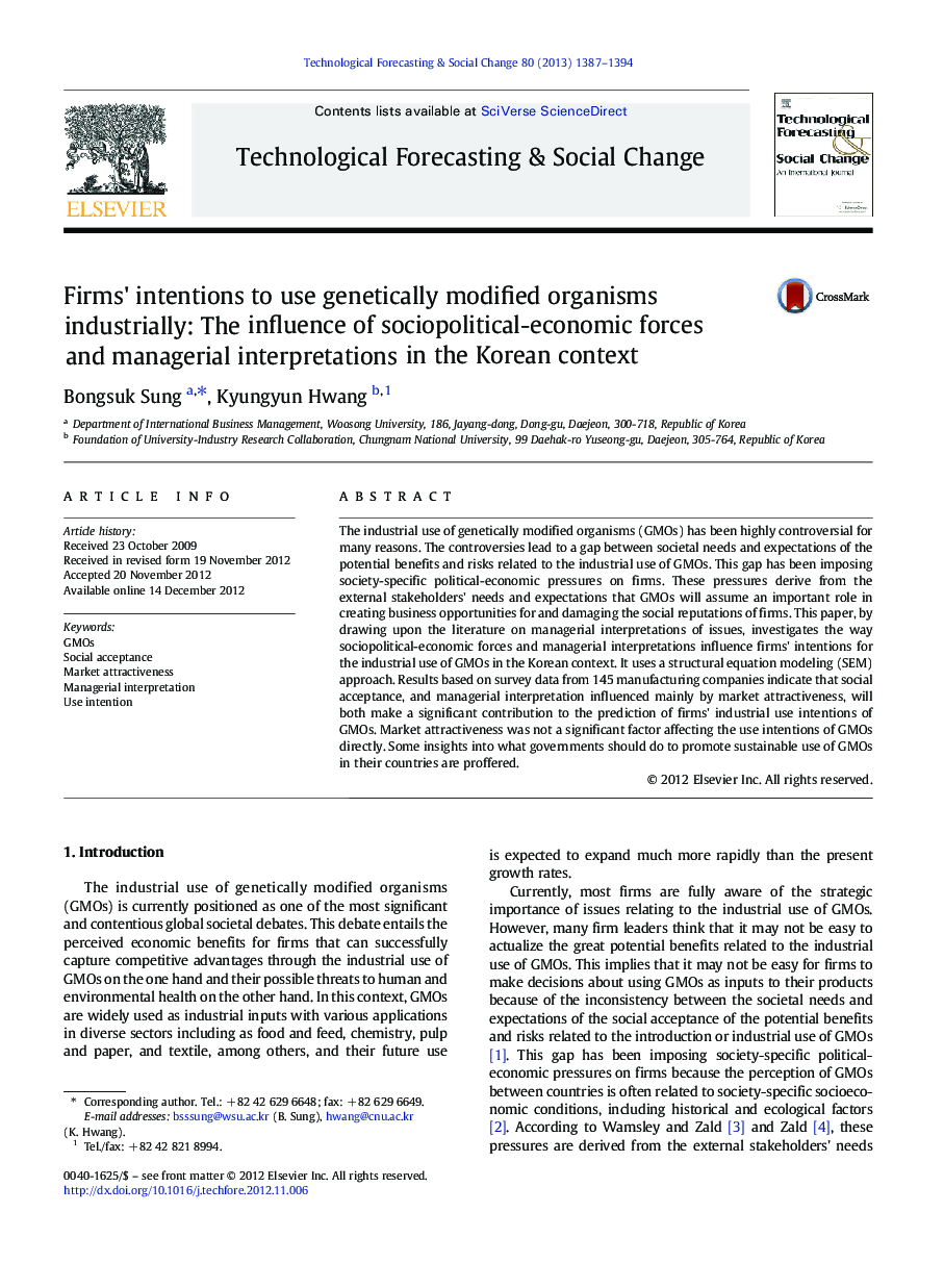 Firms' intentions to use genetically modified organisms industrially: The influence of sociopolitical-economic forces and managerial interpretations in the Korean context