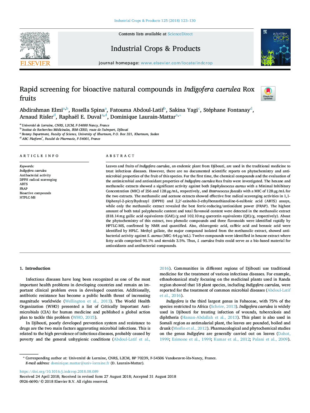 Rapid screening for bioactive natural compounds in Indigofera caerulea Rox fruits