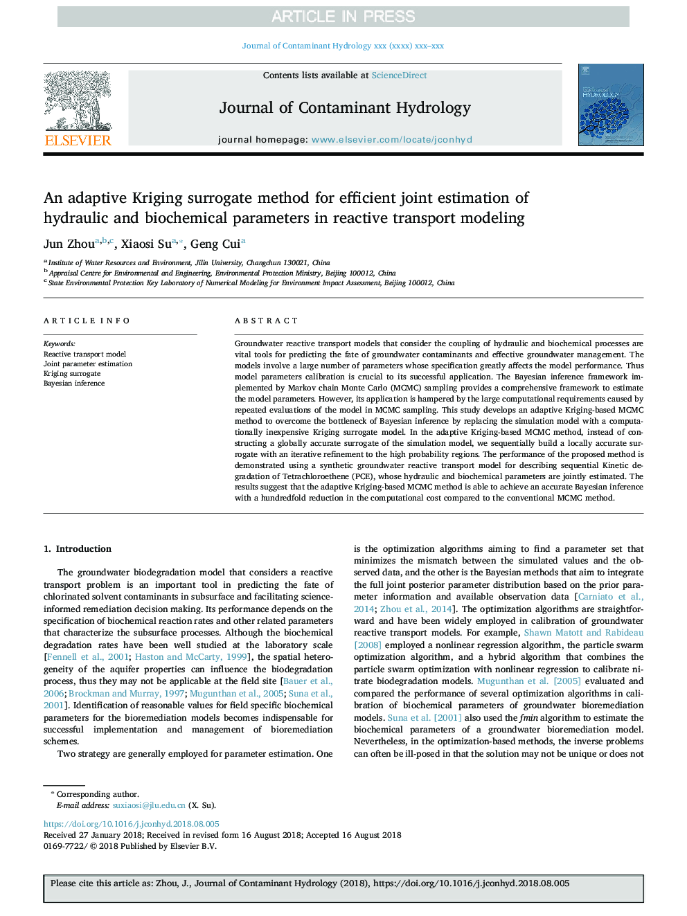 An adaptive Kriging surrogate method for efficient joint estimation of hydraulic and biochemical parameters in reactive transport modeling