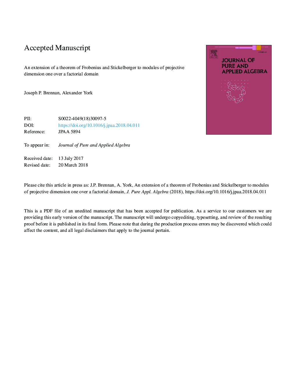 An extension of a theorem of Frobenius and Stickelberger to modules of projective dimension one over a factorial domain