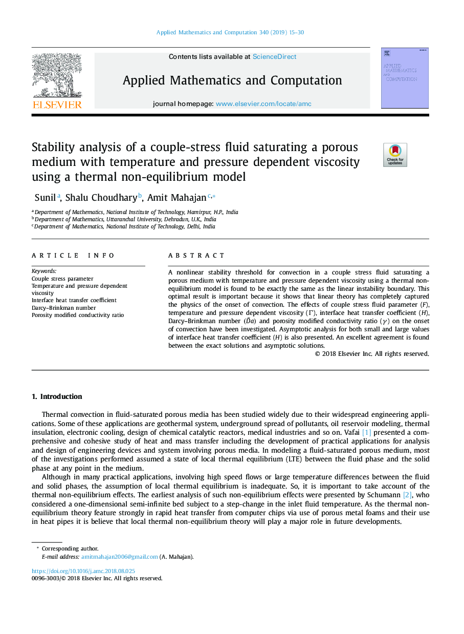 Stability analysis of a couple-stress fluid saturating a porous medium with temperature and pressure dependent viscosity using a thermal non-equilibrium model