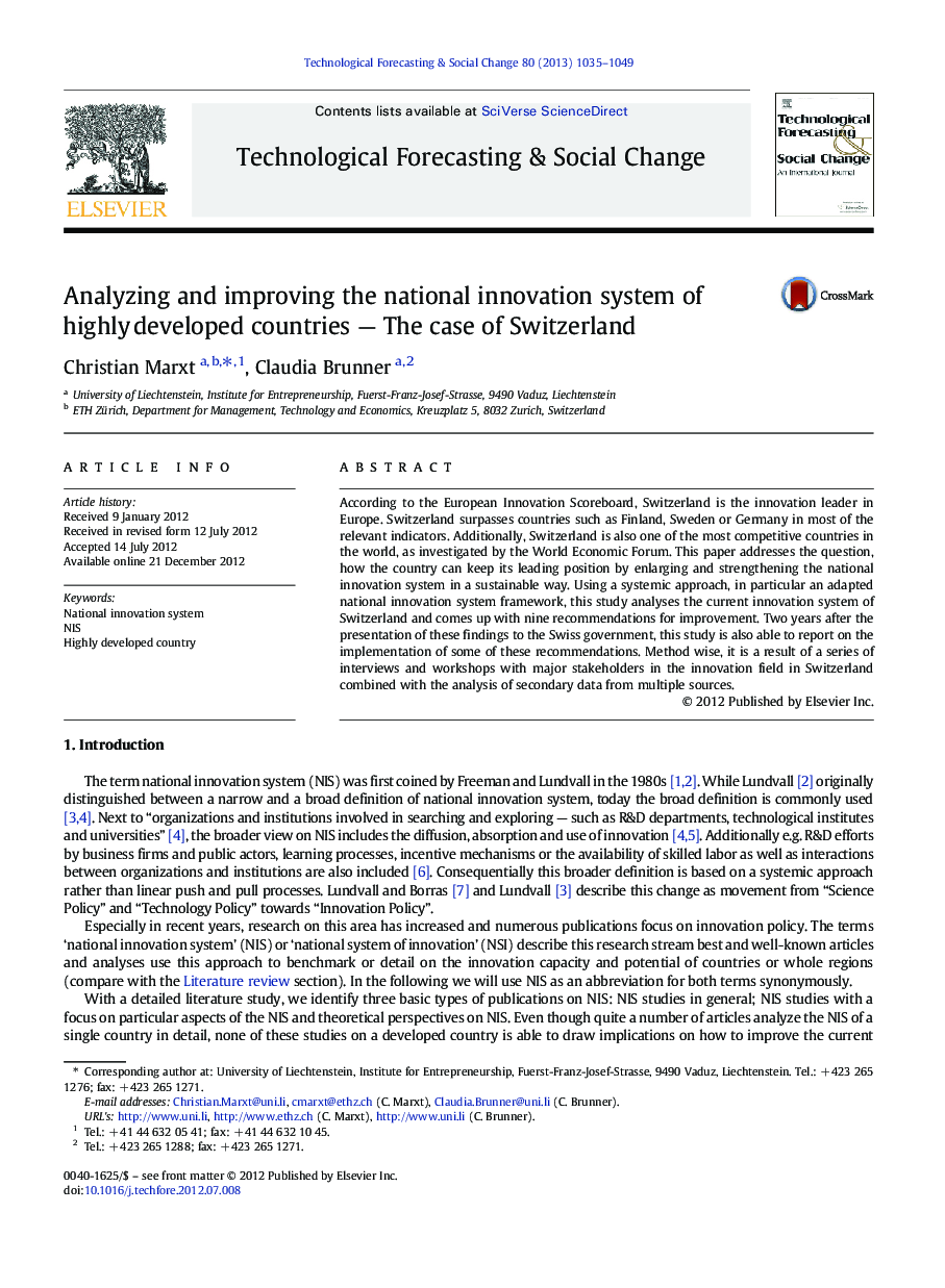 Analyzing and improving the national innovation system of highly developed countries — The case of Switzerland