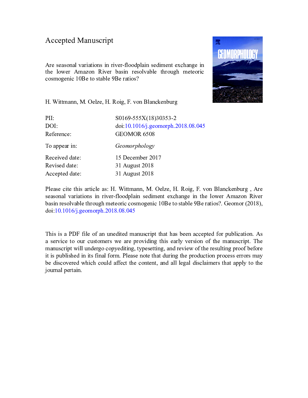 Are seasonal variations in river-floodplain sediment exchange in the lower Amazon River basin resolvable through meteoric cosmogenic 10Be to stable 9Be ratios?