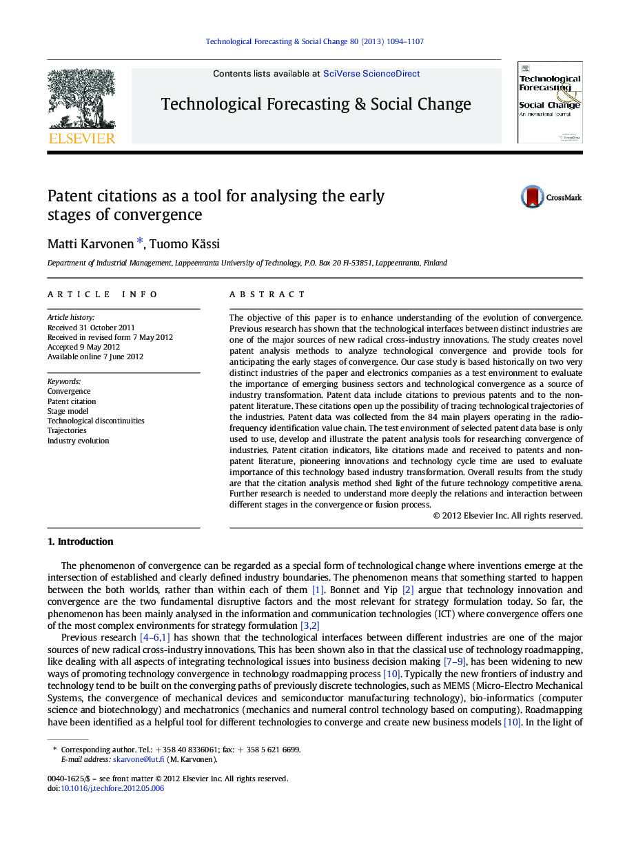 Patent citations as a tool for analysing the early stages of convergence