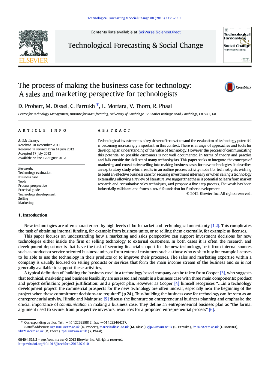 The process of making the business case for technology: A sales and marketing perspective for technologists