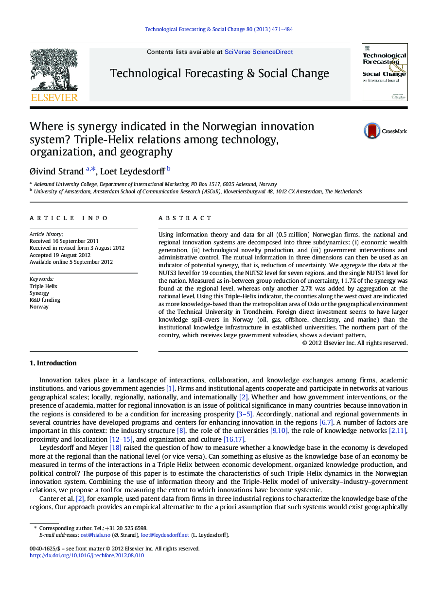 Where is synergy indicated in the Norwegian innovation system? Triple-Helix relations among technology, organization, and geography