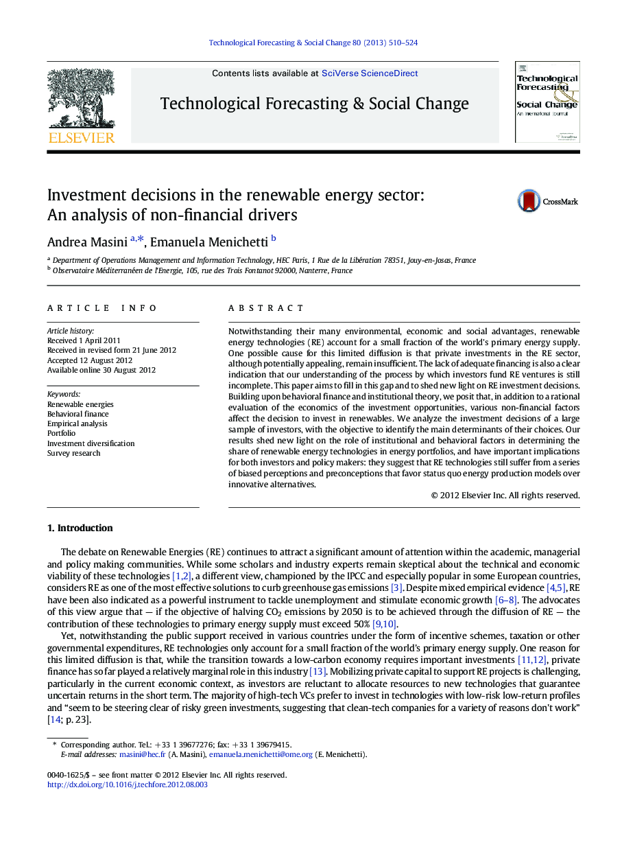 Investment decisions in the renewable energy sector: An analysis of non-financial drivers