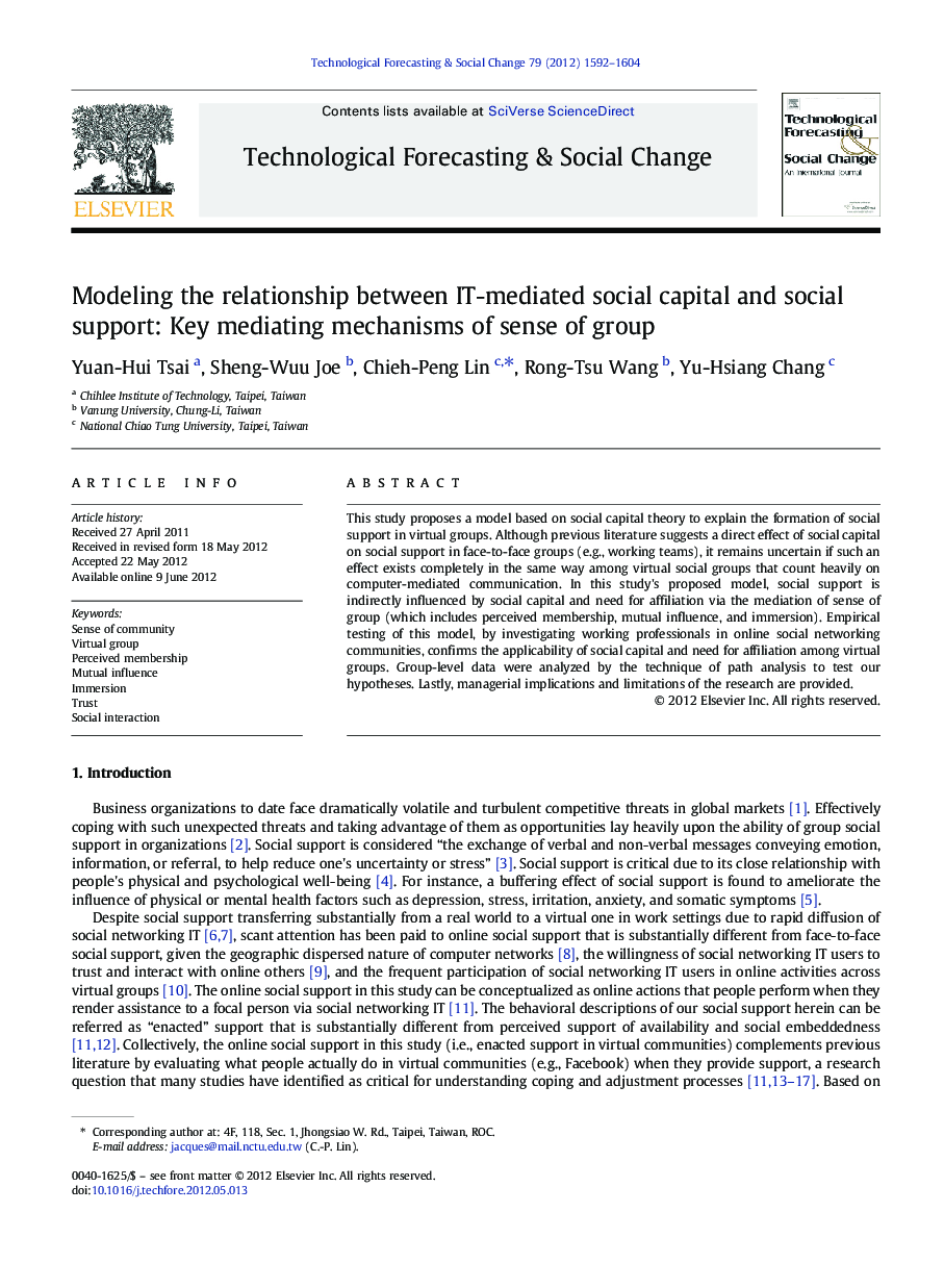 عکس صفحه اول مقاله: Modeling the relationship between IT-mediated social capital and social support: Key mediating mechanisms of sense of group Modeling the relationship between IT-mediated social capital and social support: Key mediating mechanisms of sense of group