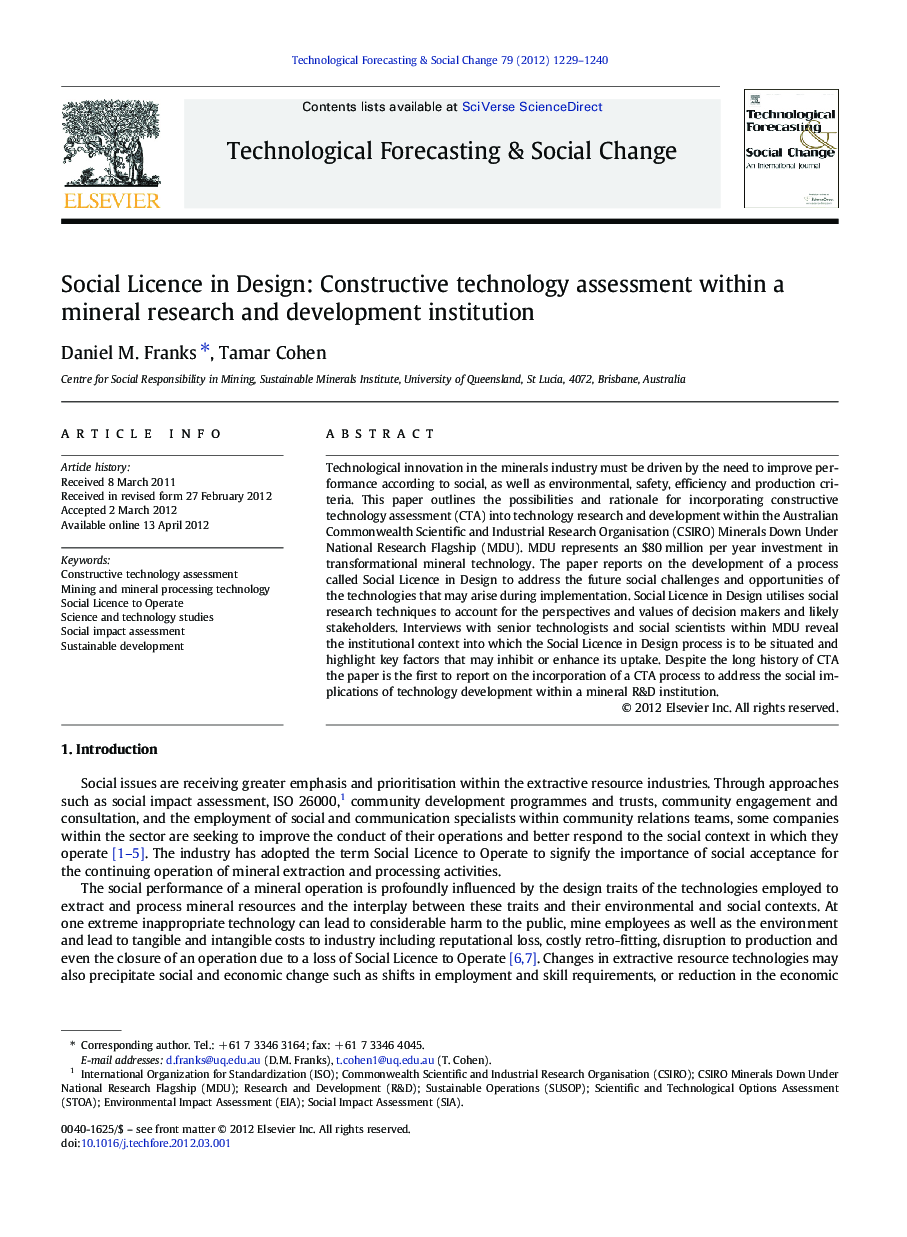 Social Licence in Design: Constructive technology assessment within a mineral research and development institution