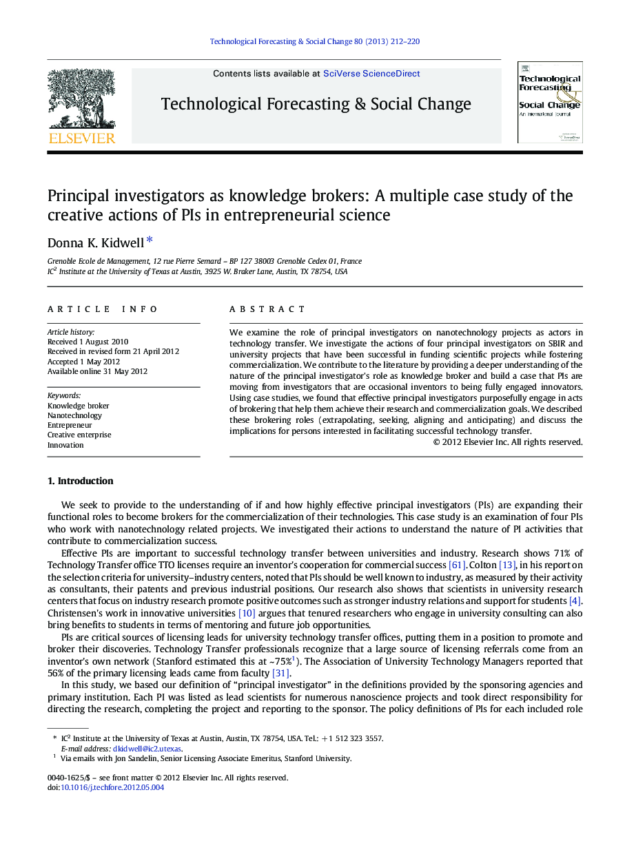 Principal investigators as knowledge brokers: A multiple case study of the creative actions of PIs in entrepreneurial science