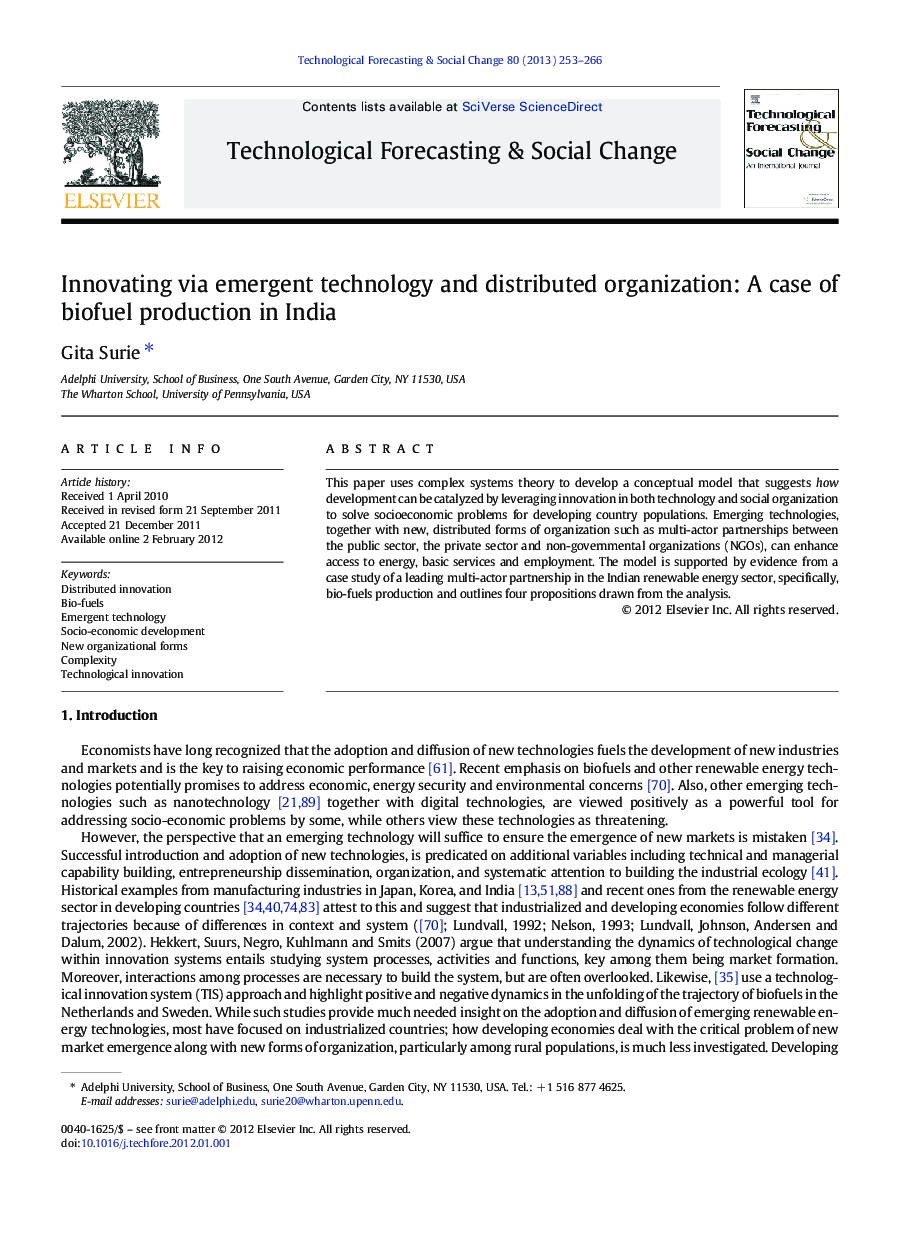 Innovating via emergent technology and distributed organization: A case of biofuel production in India